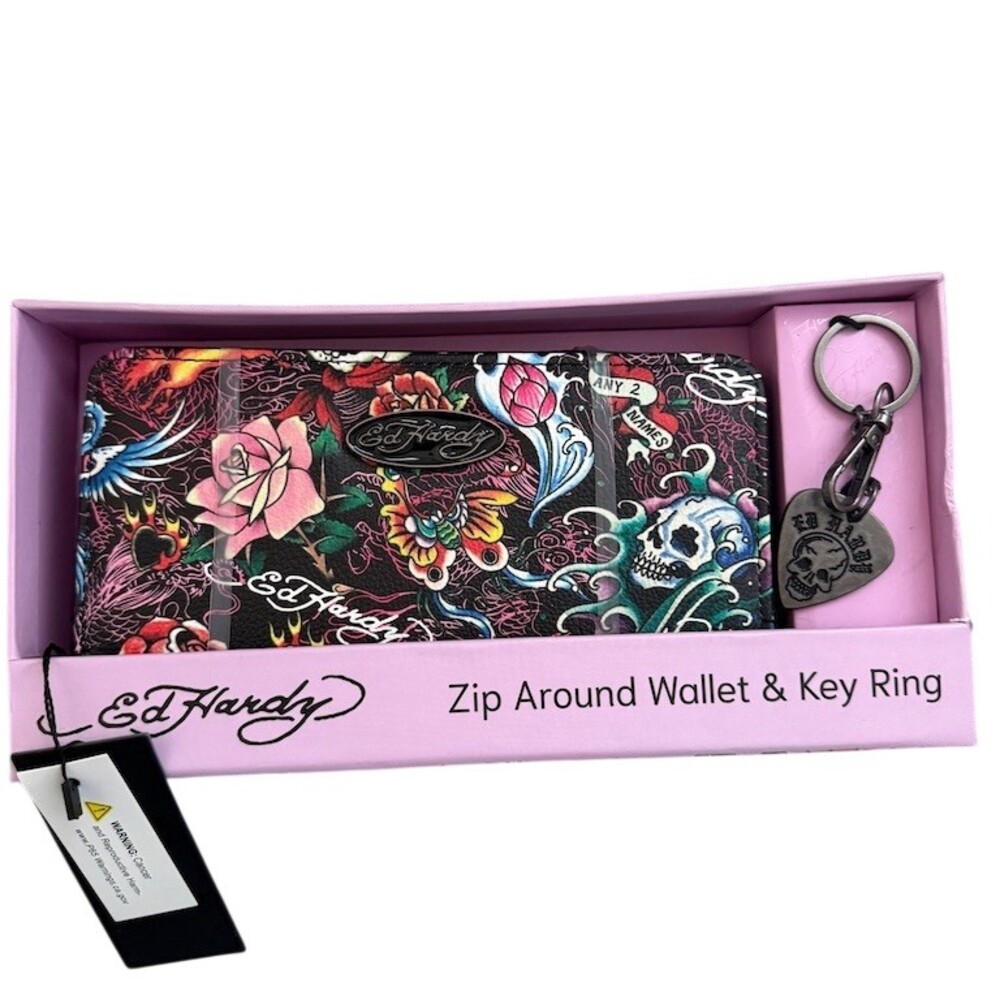 Ed Hardy Wallet & Skull Heart Key Ring Set Pink Tattoo Print Gift Box